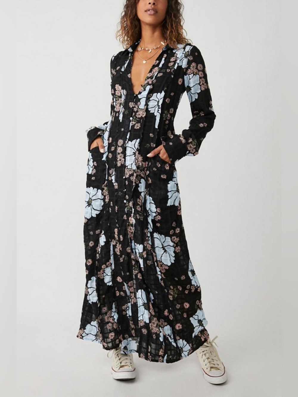Free People Black Maxi Dress with Pale Blue Floral Print